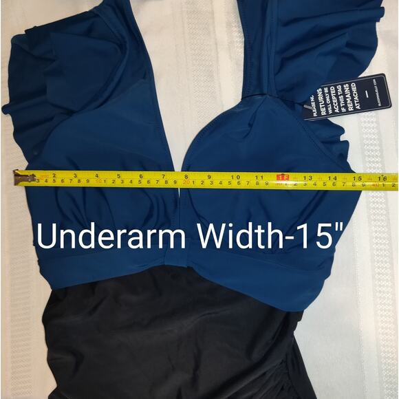 Bloomin Jelly Swimsuit LARGE Tiered Flutter Sleeves Ruching Turquoise Black NWT - Picture 13 of 16